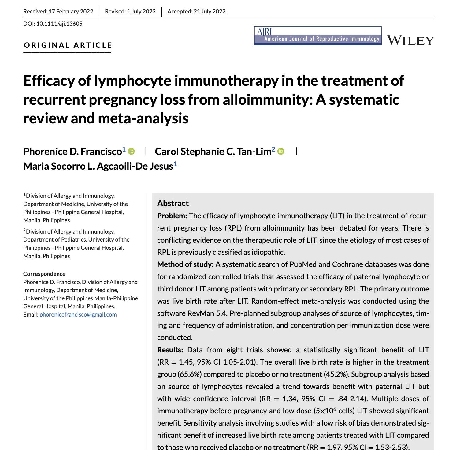 Efficacy of lymphocyte immunotherapy in the treatment of recurrent pregnancy loss from alloimmunity