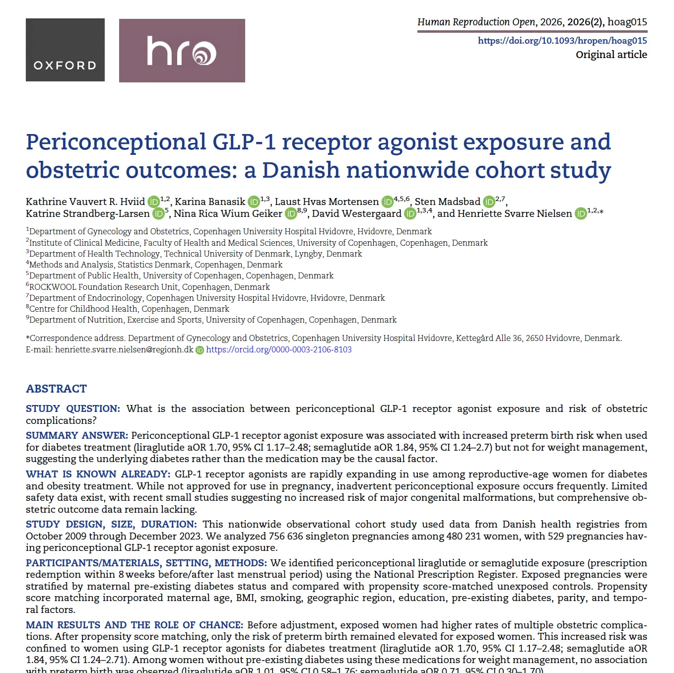 Periconceptional GLP-1 receptor agonist exposure and obstetric outcomes